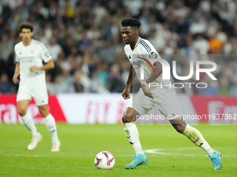 Aurelien Tchouameni defensive midfield of Real Madrid and France during the La Liga match between Real Madrid CF and Deportivo Alavés at Est...