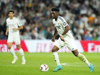 Aurelien Tchouameni defensive midfield of Real Madrid and France during the La Liga match between Real Madrid CF and Deportivo Alavés at Est...