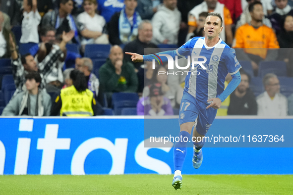 Kike Garcia centre-forward of Alaves and Spain celebrates after scoring his sides first goal during the La Liga match between Real Madrid CF...