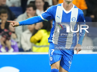 Kike Garcia centre-forward of Alaves and Spain celebrates after scoring his sides first goal during the La Liga match between Real Madrid CF...