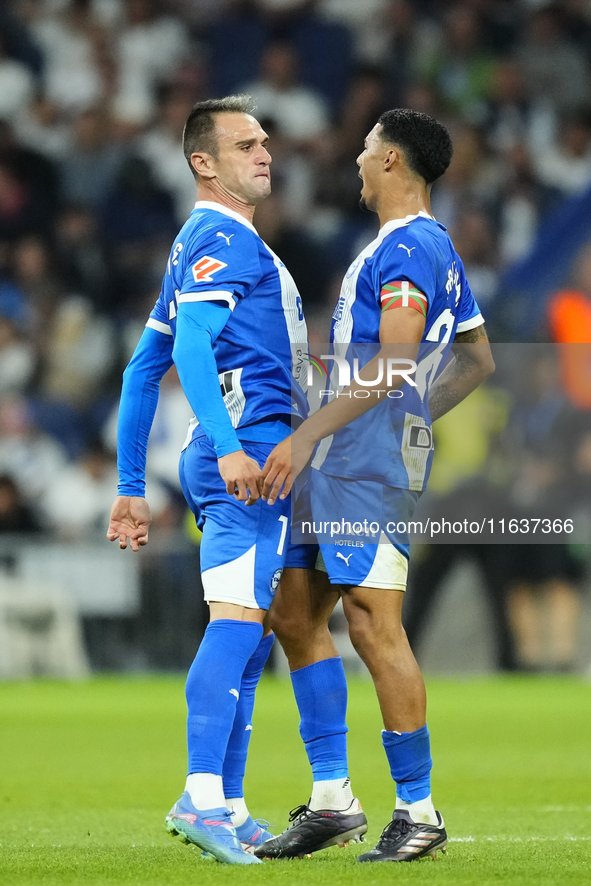 Kike Garcia centre-forward of Alaves and Spain celebrates after scoring his sides first goal during the La Liga match between Real Madrid CF...