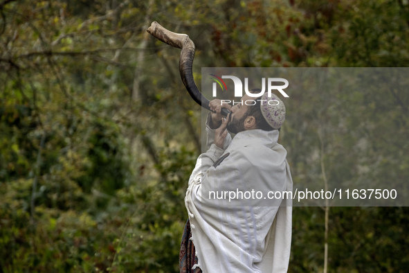 An Ultra-Orthodox Jewish pilgrim blows a shofar on the street near the tomb of Rabbi Nachman while celebrating Rosh Hashanah, the Jewish New...