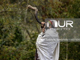 An Ultra-Orthodox Jewish pilgrim blows a shofar on the street near the tomb of Rabbi Nachman while celebrating Rosh Hashanah, the Jewish New...