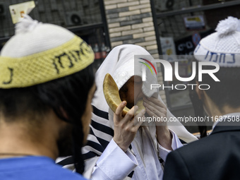 An Ultra-Orthodox Jewish pilgrim blows a shofar on the street near the tomb of Rabbi Nachman while celebrating Rosh Hashanah, the Jewish New...