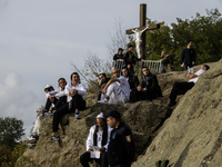 Ultra-Orthodox Jewish pilgrims pray on the bank of a lake near the tomb of Rabbi Nachman while celebrating Rosh Hashanah, the Jewish New Yea...