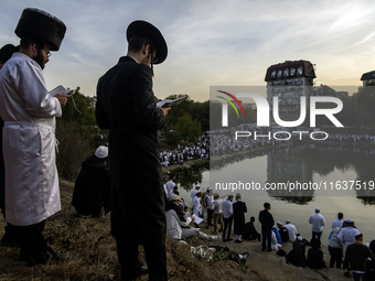 Ultra-Orthodox Jewish pilgrims pray on the bank of a lake near the tomb of Rabbi Nachman while celebrating Rosh Hashanah, the Jewish New Yea...