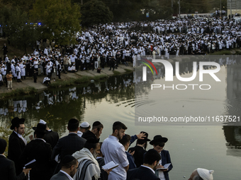 Ultra-Orthodox Jewish pilgrims pray on the bank of a lake near the tomb of Rabbi Nachman while celebrating Rosh Hashanah, the Jewish New Yea...