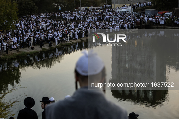 Ultra-Orthodox Jewish pilgrims pray on the bank of a lake near the tomb of Rabbi Nachman while celebrating Rosh Hashanah, the Jewish New Yea...