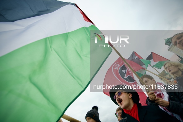 Crowds are sen taking part in a rally in support of Palestine at the Royal Castle Square in Warsaw, Poland on 05 October, 2024.  