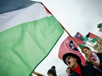 Crowds are sen taking part in a rally in support of Palestine at the Royal Castle Square in Warsaw, Poland on 05 October, 2024.  (