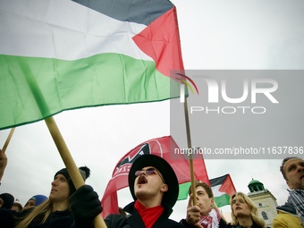 Crowds are sen taking part in a rally in support of Palestine at the Royal Castle Square in Warsaw, Poland on 05 October, 2024. (