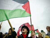 Crowds are sen taking part in a rally in support of Palestine at the Royal Castle Square in Warsaw, Poland on 05 October, 2024. (