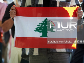 A protester holds a Lebanese flag. Hundreds of people demonstrate in Toulouse, France, on October 5, 2024, in support of Gazans, the Gaza St...