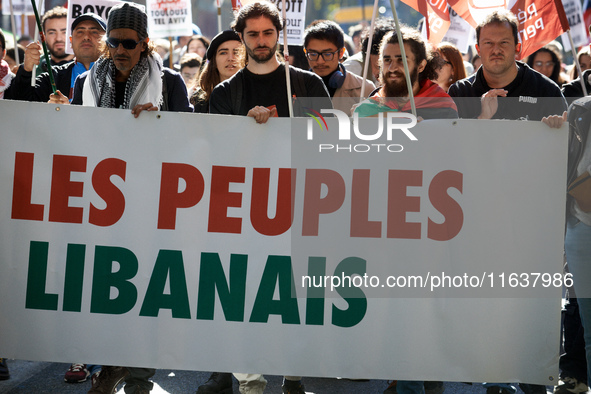 The banner reads 'Lebanese people'. Hundreds of people demonstrate in Toulouse, France, on October 5, 2024, in support of Gazans, the Gaza S...