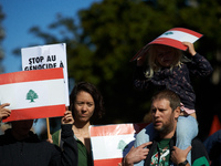 People hold the Lebanese flag. Hundreds of people demonstrate in Toulouse, France, on October 5, 2024, in support of Gazans, the Gaza Strip,...