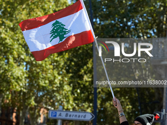 A woman waves the Lebanese flag during the protest. Hundreds of people demonstrate in Toulouse, France, on October 5, 2024, in support of Ga...