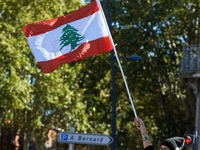 A woman waves the Lebanese flag during the protest. Hundreds of people demonstrate in Toulouse, France, on October 5, 2024, in support of Ga...