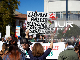 A protester holds a placard reading 'Lebanon, Palestine, resistance to the Israeli occupation'. Hundreds of people demonstrate in Toulouse,...