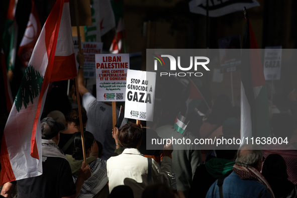 The placard reads 'stop to the genocide in Gaza'. Hundreds of people demonstrate in Toulouse, France, on October 5, 2024, in support of Gaza...