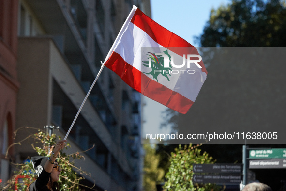 A woman waves the Lebanese flag during the protest. Hundreds of people demonstrate in Toulouse, France, on October 5, 2024, in support of Ga...