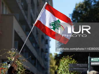 A woman waves the Lebanese flag during the protest. Hundreds of people demonstrate in Toulouse, France, on October 5, 2024, in support of Ga...