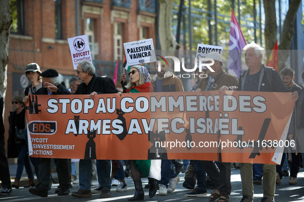 The banner reads 'Stop the selling of arms to Israel'. Hundreds of people demonstrate in Toulouse, France, on October 5, 2024, in support of...