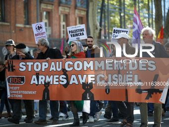 The banner reads 'Stop the selling of arms to Israel'. Hundreds of people demonstrate in Toulouse, France, on October 5, 2024, in support of...