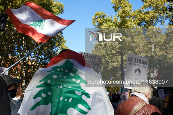 A protester is wrapped in a Lebanese flag. Hundreds of people demonstrate in Toulouse, France, on October 5, 2024, in support of Gazans, the...