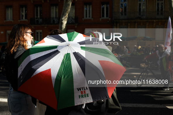 Hundreds of people demonstrate in Toulouse, France, on October 5, 2024, in support of Gazans, the Gaza Strip, Lebanese, and Lebanon. Since t...