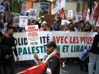 A protester holds a placard reading 'Lebanon, Palestine, united against imperialism and Zionism'. Hundreds of people demonstrate in Toulouse...