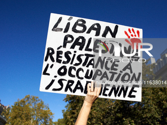 A placard reads 'Lebanon, Palestine, Resistance to the Israeli occupation'. Hundreds of people demonstrate in Toulouse, France, on October 5...