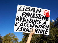 A placard reads 'Lebanon, Palestine, Resistance to the Israeli occupation'. Hundreds of people demonstrate in Toulouse, France, on October 5...