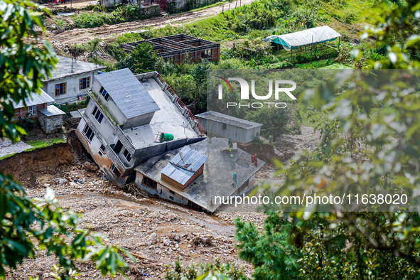 After the flood of the Nakhu River, many homes are damaged in the Bhardev region of southern Lalitpur, Nepal, on October 5, 2024. Homes are...