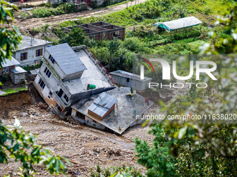 After the flood of the Nakhu River, many homes are damaged in the Bhardev region of southern Lalitpur, Nepal, on October 5, 2024. Homes are...