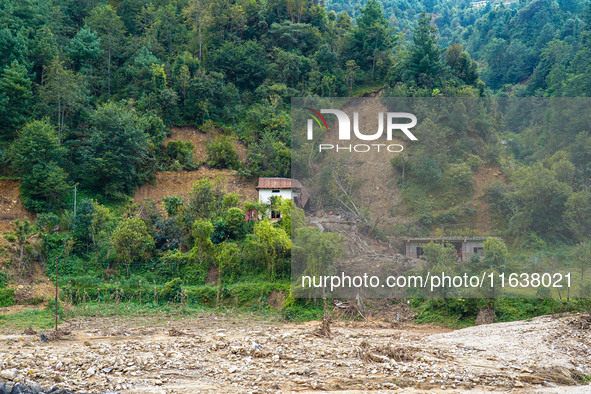 After the flood of the Nakhu River, many homes are damaged in the Bhardev region of southern Lalitpur, Nepal, on October 5, 2024. Homes are...