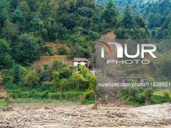 After the flood of the Nakhu River, many homes are damaged in the Bhardev region of southern Lalitpur, Nepal, on October 5, 2024. Homes are...