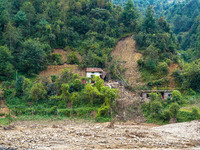 After the flood of the Nakhu River, many homes are damaged in the Bhardev region of southern Lalitpur, Nepal, on October 5, 2024. Homes are...