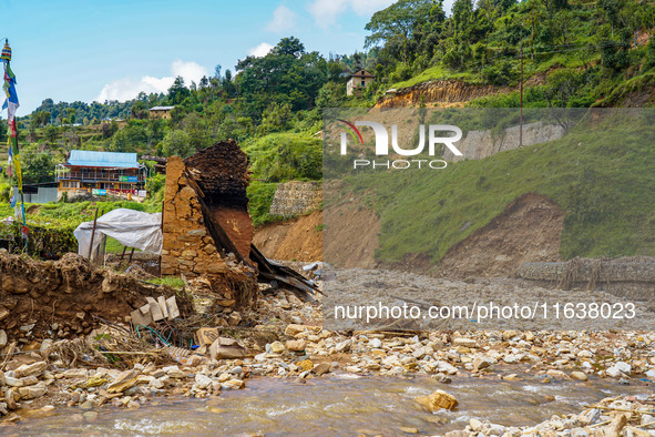 After the flood of the Nakhu River, many homes are damaged in the Bhardev region of southern Lalitpur, Nepal, on October 5, 2024. Homes are...