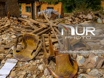 After the flood of the Nakhu River, many homes are damaged in the Bhardev region of southern Lalitpur, Nepal, on October 5, 2024. Homes are...