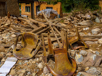 After the flood of the Nakhu River, many homes are damaged in the Bhardev region of southern Lalitpur, Nepal, on October 5, 2024. Homes are...