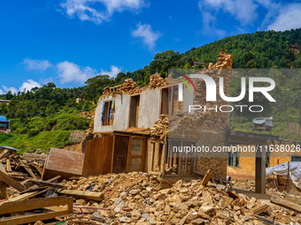 After the flood of the Nakhu River, many homes are damaged in the Bhardev region of southern Lalitpur, Nepal, on October 5, 2024. Homes are...