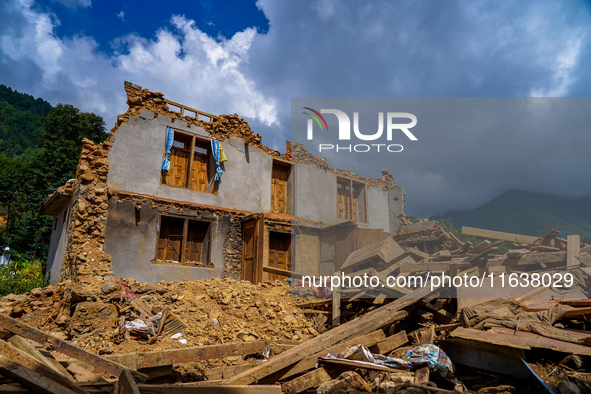 After the flood of the Nakhu River, many homes are damaged in the Bhardev region of southern Lalitpur, Nepal, on October 5, 2024. Homes are...