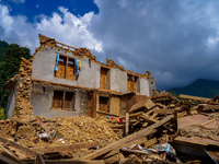 After the flood of the Nakhu River, many homes are damaged in the Bhardev region of southern Lalitpur, Nepal, on October 5, 2024. Homes are...