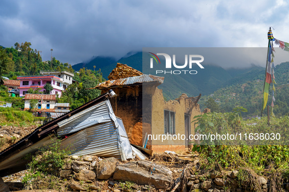 After the flood of the Nakhu River, many homes are damaged in the Bhardev region of southern Lalitpur, Nepal, on October 5, 2024. Homes are...