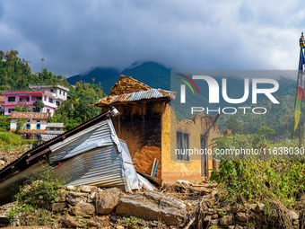 After the flood of the Nakhu River, many homes are damaged in the Bhardev region of southern Lalitpur, Nepal, on October 5, 2024. Homes are...