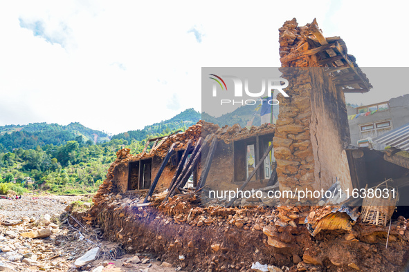 After the flood of the Nakhu River, many homes are damaged in the Bhardev region of southern Lalitpur, Nepal, on October 5, 2024. Homes are...