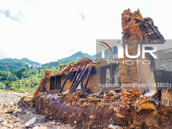 After the flood of the Nakhu River, many homes are damaged in the Bhardev region of southern Lalitpur, Nepal, on October 5, 2024. Homes are...