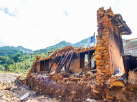 After the flood of the Nakhu River, many homes are damaged in the Bhardev region of southern Lalitpur, Nepal, on October 5, 2024. Homes are...