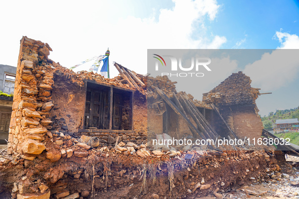 After the flood of the Nakhu River, many homes are damaged in the Bhardev region of southern Lalitpur, Nepal, on October 5, 2024. Homes are...