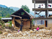 After the flood of the Nakhu River, many homes are damaged in the Bhardev region of southern Lalitpur, Nepal, on October 5, 2024. Homes are...